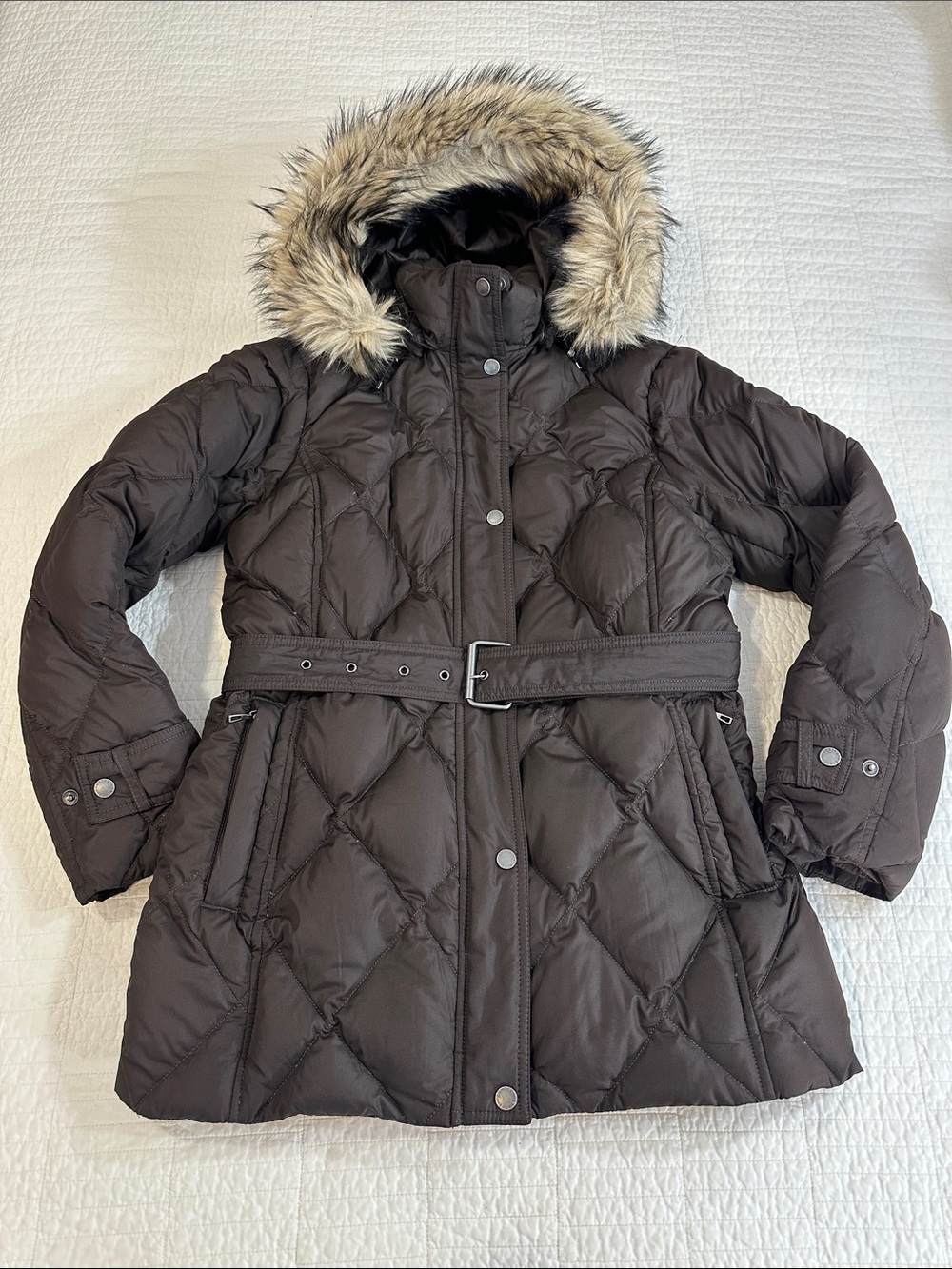 Lands End Down Feather Puffer Small Brown Mid Length Zip Off Hood